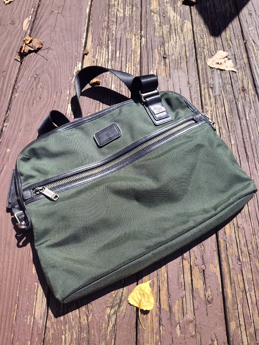 Tumi Olive Green Nylon Messenger Bag with Black Accents